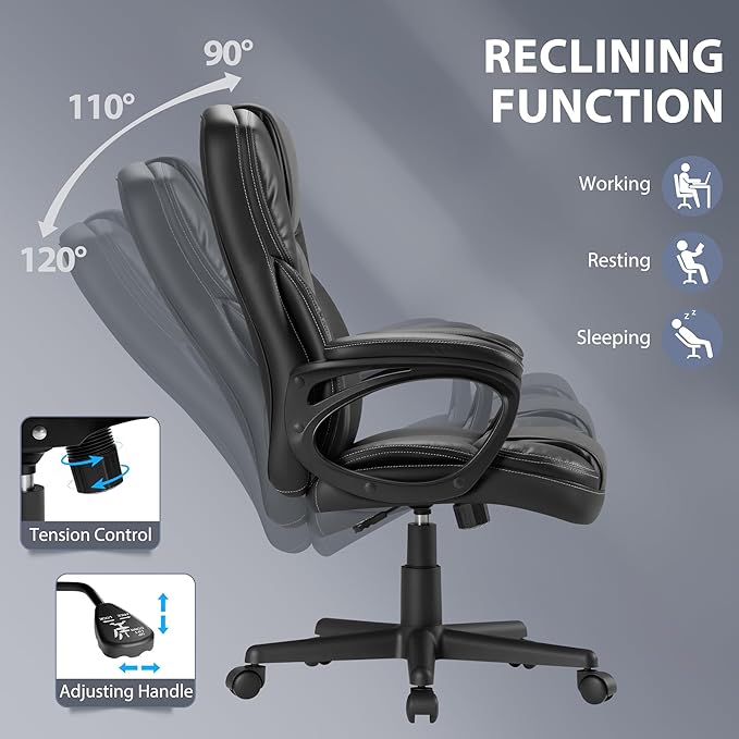 Shahoo Ergonomic Office Chair Executive Adjustable Desk Chair with Flip-up Armrests PU Leather Swivel Computer Chair for Home Office Gaming, Lumbar Support Space Saving 300lbs Capacity, Black