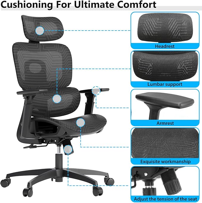 OS MOTOR Ergonomic Mesh Office Chair, Adjustable Headrest, 3D Armrests, Lumbar Support, Tilt Lock Function, Breathable High-Back Desk Chair Computer Chair for Home Office Work, Study, Gaming, Black