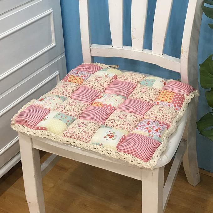 vctops Patchwork Chair Pad with Ties No Slip Lace Trim Chair Cushion Farmhouse Floral Print Kitchen Dining Seat Cushion (012, 16"x16")