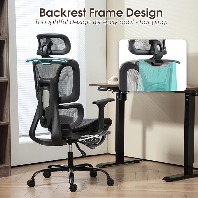 ECOTOUGE Mesh Ergonomic Office Chair with Footrest, High Back Mesh Gaming Chair with Lumbar Support, Adjustable Headrest and Armrests for Home Office Desk Chair, Grey