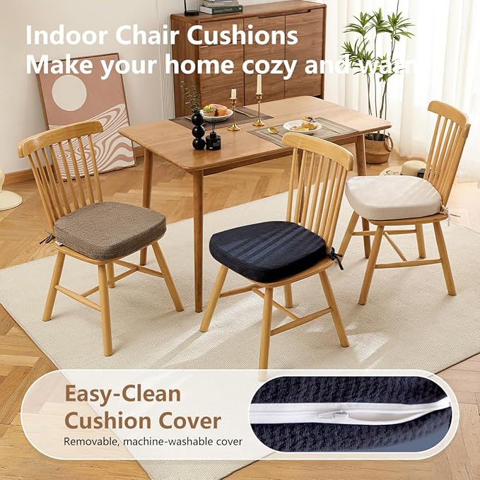 D-Shaped Chair Cushions for Dining Chairs, 2.5” Thick Chair Pads with Washable Comfortable Textured Cover, Non Slip Kitchen Chair Cushions with Ties, 16.5" x 16.5", 6 Pack, Navy
