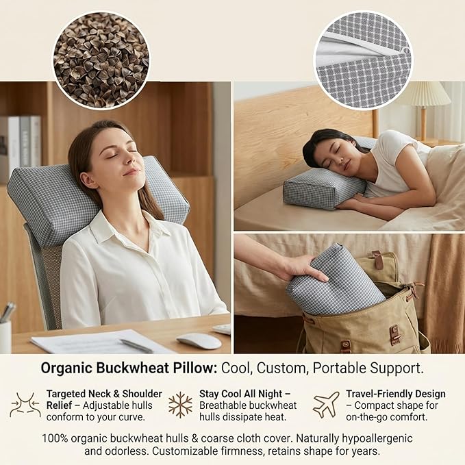 Adjustable Buckwheat Hull Pillow for Neck Pain Relief (21x8x4) Natural Cooling Cervical Support Camping Pillow for Side & Back Sleepers with Night Sweats (xiaoge Grey)
