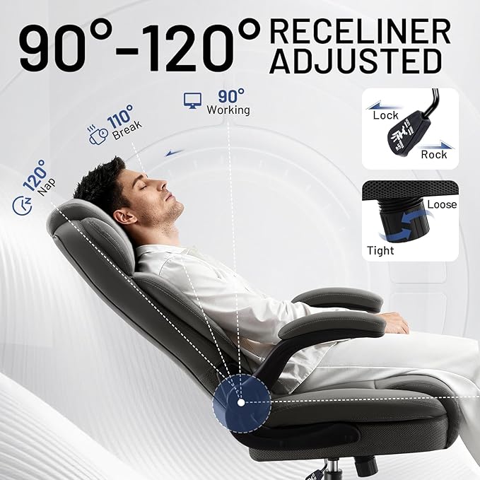 AreShark Ergonomic Office Chair with High Back Headrest,PU Leather Executive Desk Chair Padded Flip-Up Armrests,Lumbar Support,Swivel Computer Chair for Home Office & Gaming,Gray