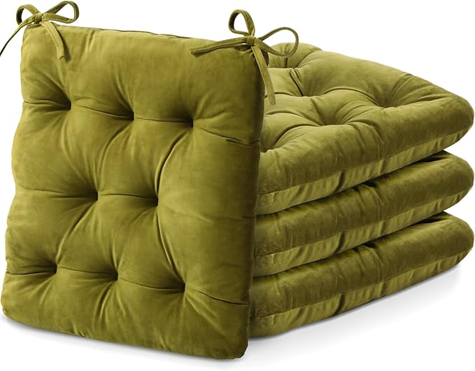 Nuanchu Memory Foam Chair Cushions Set of 4, Thick Indoor Seat Cushions for Dining Chairs Tufted Seat Pads for Kitchen, Dining Room, Office,(Mustard Green,15.5"x15.5"x4")