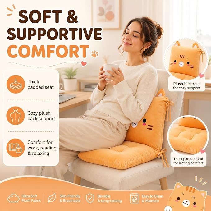 ChezMax Chair Cushion Plush Seat Cushion Back Cushion with Ties, Detachable Thickened Desk Chair Pads, Cartoon Waist Pillow Cushion Decor for Chair Car Office Patio Wheelchair, Cartoon Cat