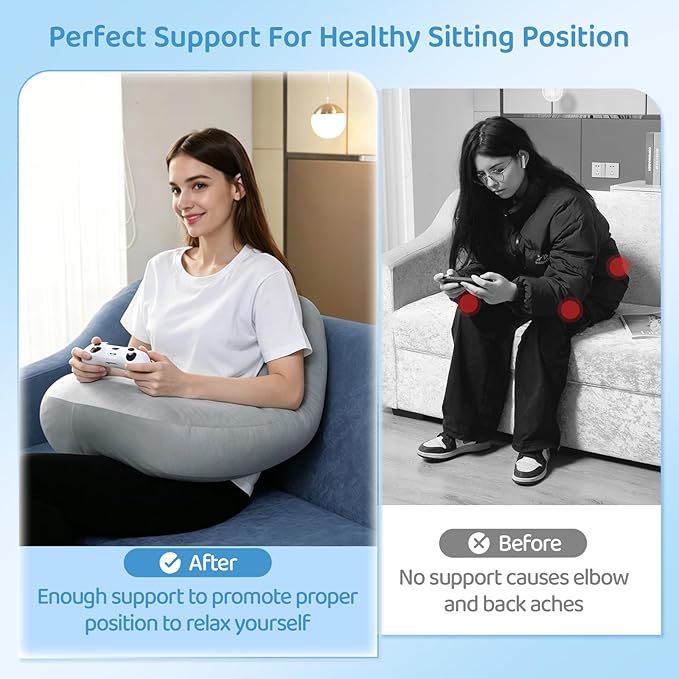 Crochet Pillow for Lap Support - Reading Pillow for Laptop with Extra Back Pillow for Support, Enlarged Gaming Pillow for Lap, Multi-Purpose Reading Pillow for Gaming/Working/Crocheting, Grey