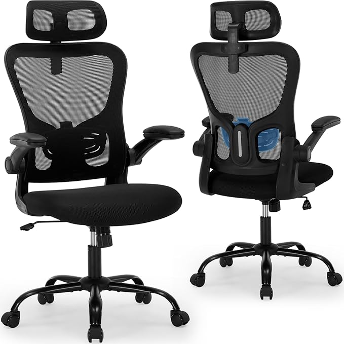 Office Chair Ergonomic Desk High Back Mesh Chair with Adjustable Lumbar Support & Headrest, Flip-Up Armrests, 300lbs Capacity Swivel Computer Chair for Home Office, Black