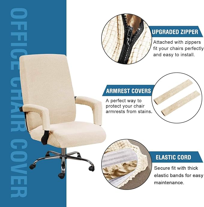 H.VERSAILTEX Office Chair Cover with Armrest Stretchable Computer Desk Chair Cover Thick Checked Jacquard High Back Office Seat Cover for Universal Rotating Chairs (Large Size,Natural)