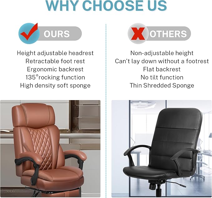 Executive Leather Office Chair, Big and Tall Office Chair with Footrest Home Office Desk Chairs, Ergonomic Computer Desk Chair with Lumbar Support, Reclining Desk Chair with Adjustable Angle