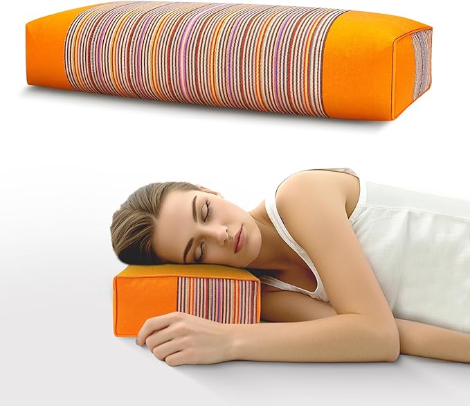 Adjustable Buckwheat Hull Pillow for Neck Pain Relief (21x8x4in) Natural Cooling Cervical Support Bed Pillow for Side & Back Sleepers with Night Sweats (Orange)