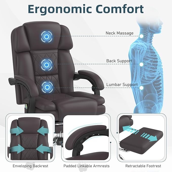 HOMREST 6-Point Massage Office Chair with Heat, Ergonomic Reclining Desk Chair with Footrest, PU Leather Executive Chairs for Home Office, Massaging Computer Chair Gift for Men, Brown
