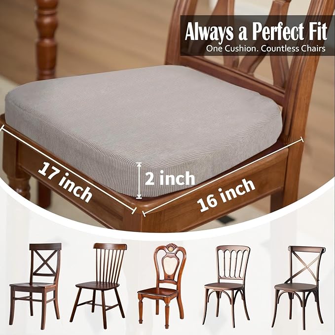 2'' Thick High-Density Foam Indoor Chair Cushions | Dining Chair Pads with Ties, Removable Washable Cover, Kitchen Chair Cushions 17"x16",Light Gray 4 Pack