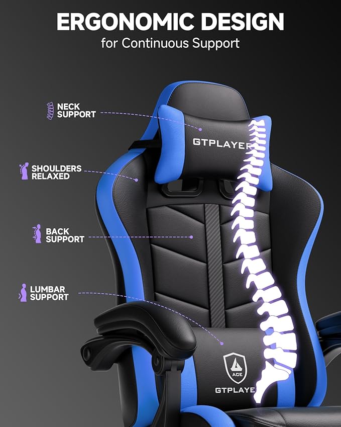 GTPLAYER Gaming Chair for Adults, Ergonomic Computer Gaming Chair with Footrest, Height Adjustable, 90-155° Recline & Removable Headrest Lumbar Support, Black&Blue