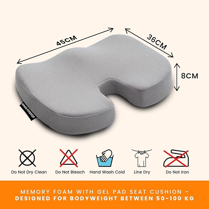 GRAND PITSTOP Gel Memory Foam Seat Cushion – Orthopedic Ergonomic Cushion for Office Chair, Car, Home & Travel – Tailbone, Sciatica & Back Pain Relief Pillow for Long Sitting Comfort