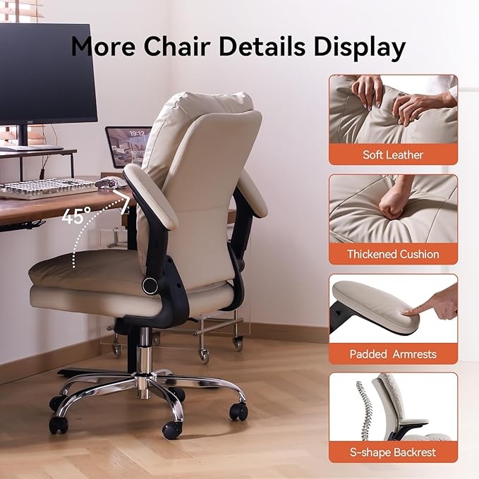 LEAGOO Ergonomic Office Chair with 3D Flip-Up Arms, Adjustable Height & Rocking Function, PU Leather Swivel Task Chair for Home Office, 300 lbs Capacity - Beige