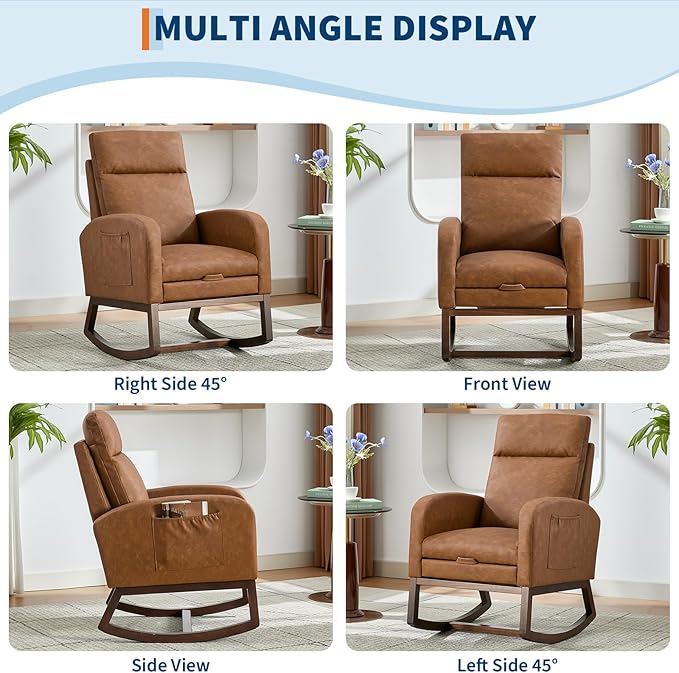 GarveeHome Rocking Chair Nursery with Foot Rest, Modern PU Upholstered Reading Glider Rocker Accent Armchair with High Backrest, Padded Seat, Side Pocket, for LivingRoom, Bedroom, Baby Room, Brown