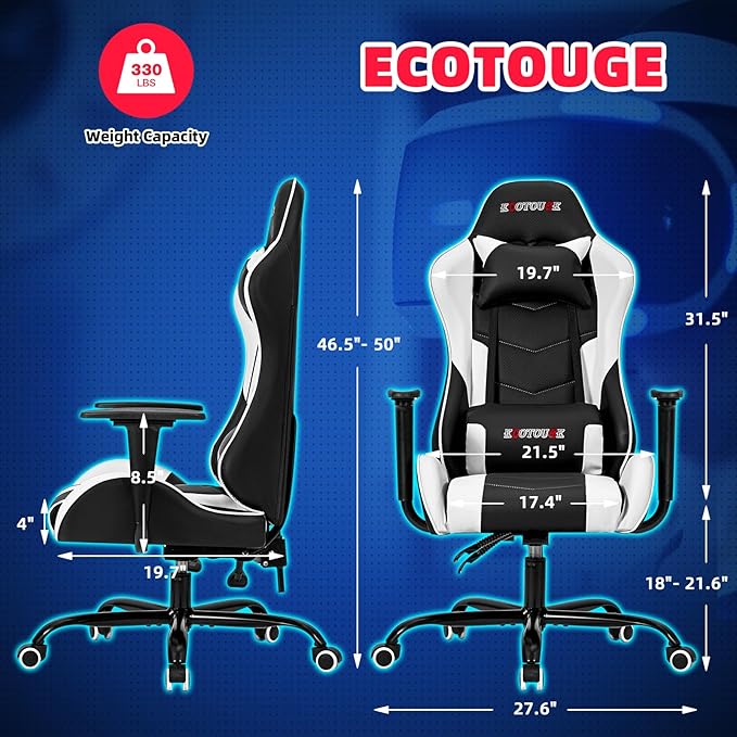 ECOTOUGE PC Gaming Chair Massage Ergonomic Office Desk Chair Racing PU Leather Recliner Swivel Rocker with Headrest and Lumbar Pillow, White
