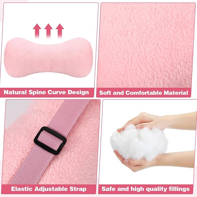 Colingmill 1 Pc Neck Pillow for Recliner Headrest Pillow Bone Shaped Chair Plush with Adjustable Strap Neck Support and Pain Relief Curve Head Cushion for Car Travel Airplane (Pink)
