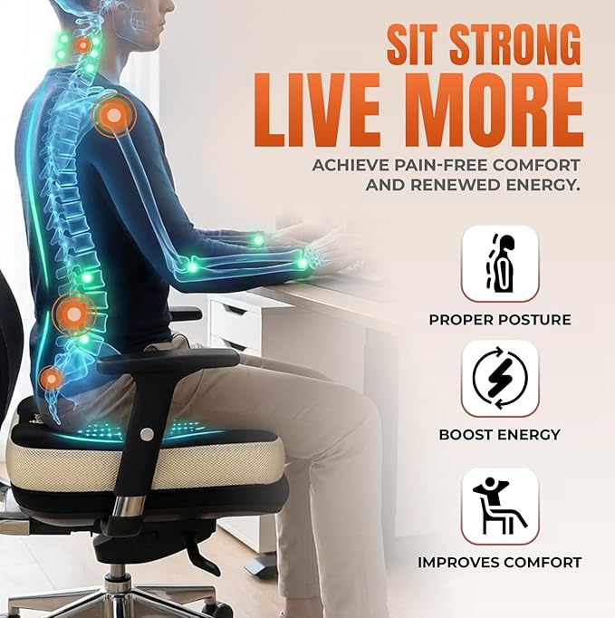 Patented 55D Orthopedic Memory Foam Seat Cushion – Ergonomic Office Chair & Car Seat Cushion, Contoured Coccyx Pillow for Tailbone, Hip & Lower Back Comfort – Ideal for Home, Driving & Long Sitting