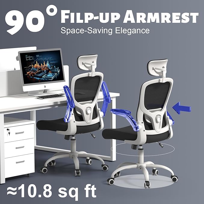 Office Computer Desk Chair - Lumbar Support and Headrest, Ergonomic Mesh Back Swivel Task Chair,Flip-Up Arms for Desk Work, 90-120° Tilt Rolling Chair for Home Office(White-Black6076)