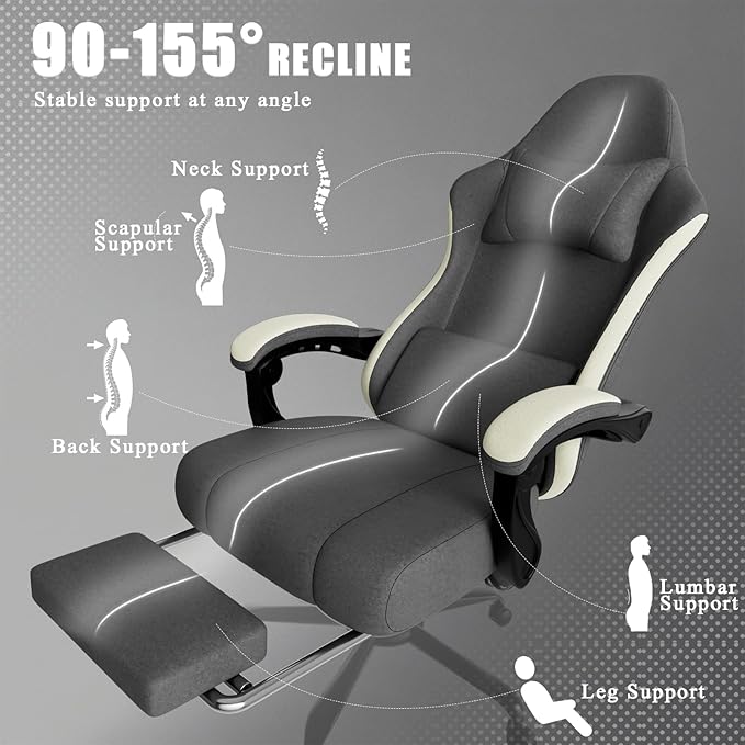 Gaming Chair, High Back Fabric Computer Chair with Pocketed Spring Cushion and Footrest, Height Adjustable Game Chair with Headrest and Lumbar Support (Beige & Gray)