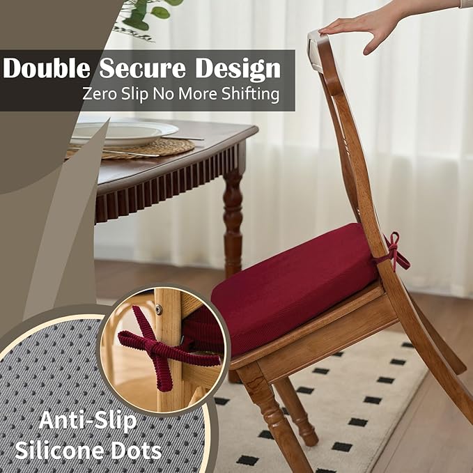 2'' Thick High-Density Foam Indoor Chair Cushions | Dining Chair Pads with Ties, Removable Washable Cover, Kitchen Chair Cushions 17"x16", Wine Red 4 Pack