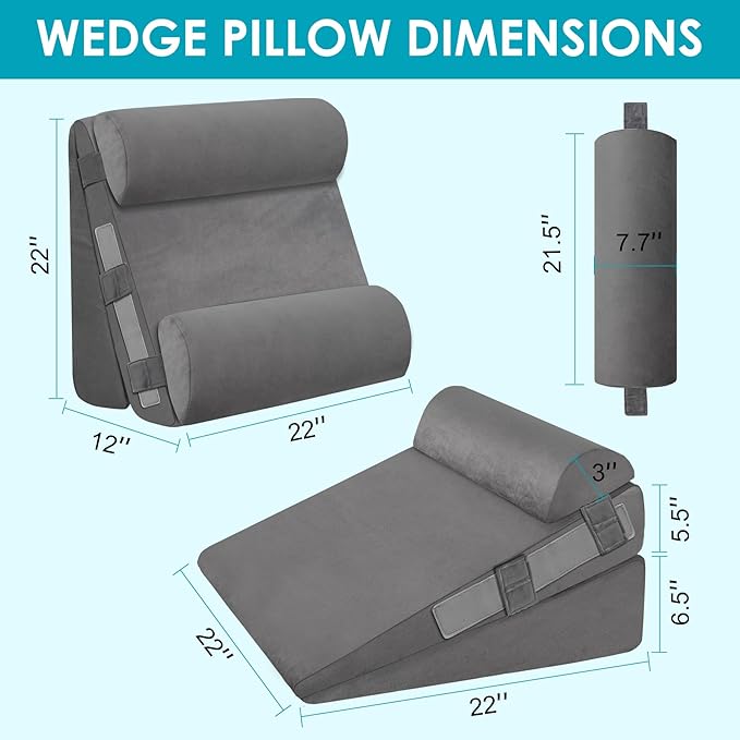 4Pcs Wedge Pillow Set for After Surgery,Acid Reflux Relief, Adjustable Bed Wedge Pillows for Sleeping,Anti Snore, Memory Foam Triangle Pillow for Back&Neck&Shoulder Pain Relief, Plush Grey