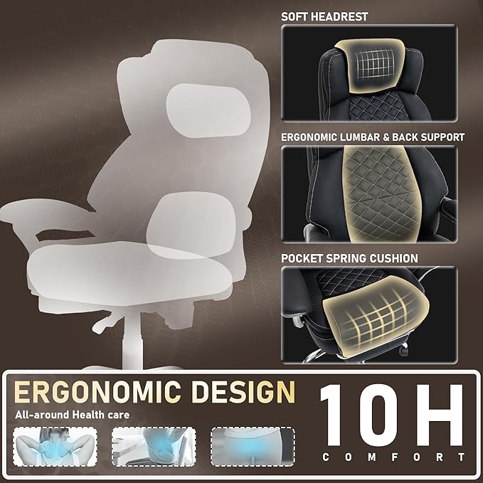 DYHOME 500 lbs Office Chair with Foot Rest, Ergonomic Reclining Big and Tall Office Desk Chair with Lumbar Support & Pocket Spring Cushion, High Back Computer Chair, PU, Thicker Seat Cushion (Black)