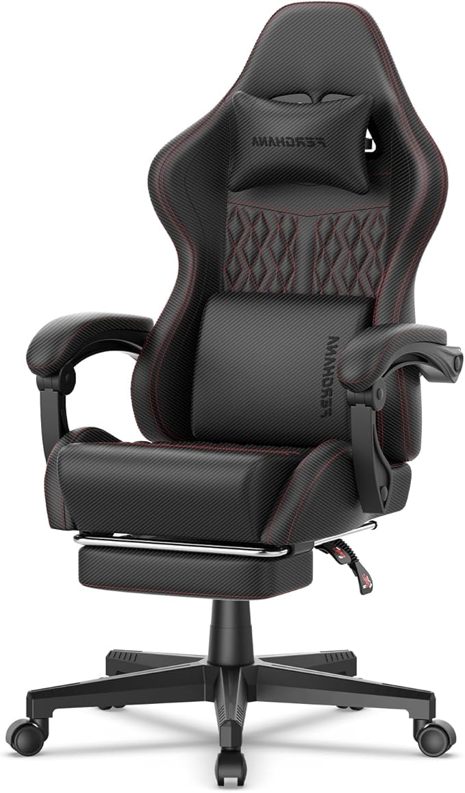 Ferghana Vintage PU Leather Gaming Chair, Ergonomic Gamer Chair with Massage, High Back Computer Office Chair with Footrest for Adults, Racing Style Reclining Video Game Chair (Black)