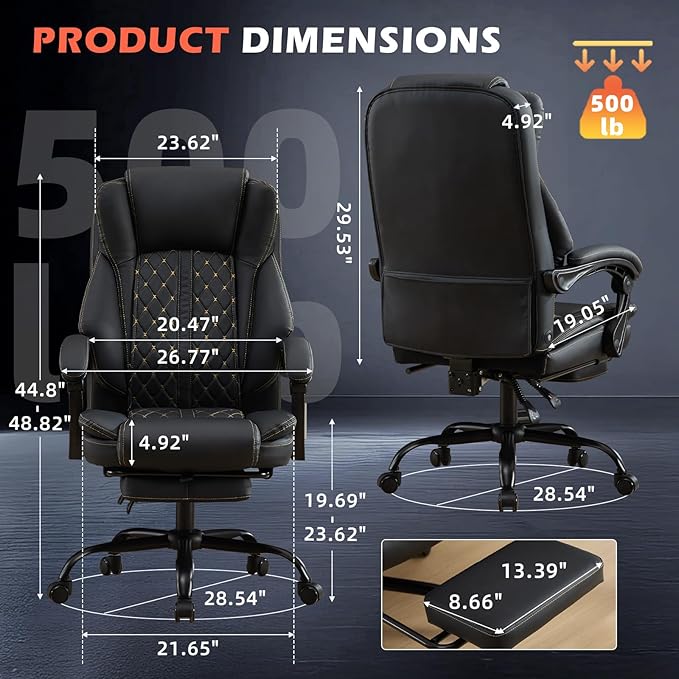 Massage Office Chair with Foot Rest, Dual Kneading Lumbar Massage Ergonomic Office Chair, 500LBS Big and Tall Reclining Desk Chair with Pet Scratch-Resistant Leather and Pillow for Home Office