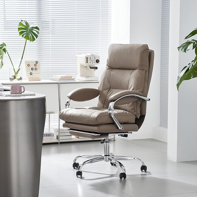 LEAGOO Office Chair with Foot Rest, Ergonomic Executive Office Chair with Arms, Reclining High Back PU Leather Comfy Swivel Computer Desk Chairs with Wheels (Camel)