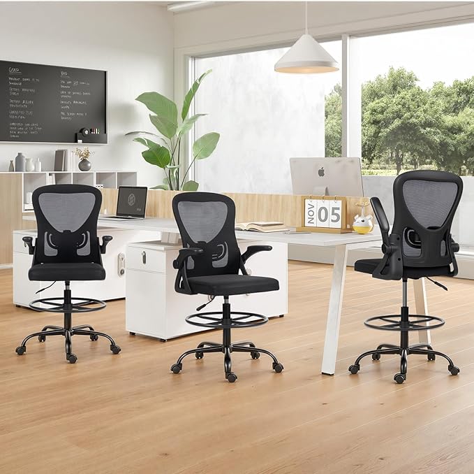 ECOTOUGE Tall Office Chair, Breathable Mesh Drafting Chair with Flip-up Armrests, Ergonomic Computer Standing Desk Chair with Adjustable Footrest Ring and Lumbar Support, Black