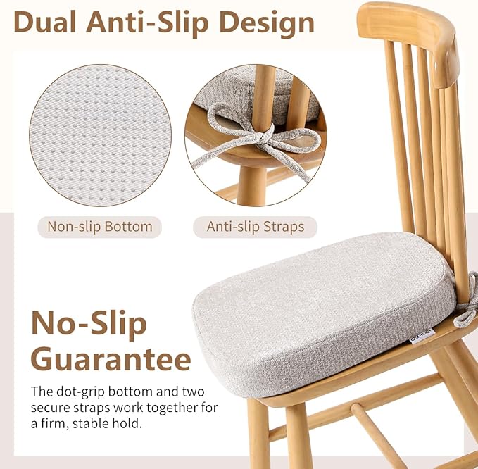 D-Shaped Chair Cushions for Dining Chairs, 2.5” Thick Chair Pads with Washable Comfortable Textured Cover, Non Slip Kitchen Chair Cushions with Ties, 16.5" x 16.5", 2 Pack, Creamy White