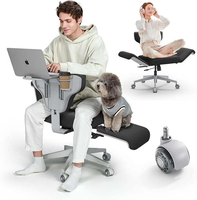 Newtral Freedom-X Criss Cross Chair with Wheels & Amrests- Cross Legged Office Chair with Laptop Tray, Multi-Position Recliner Chair, Adjustable Ergonomic Chair, Relax, Work from Home