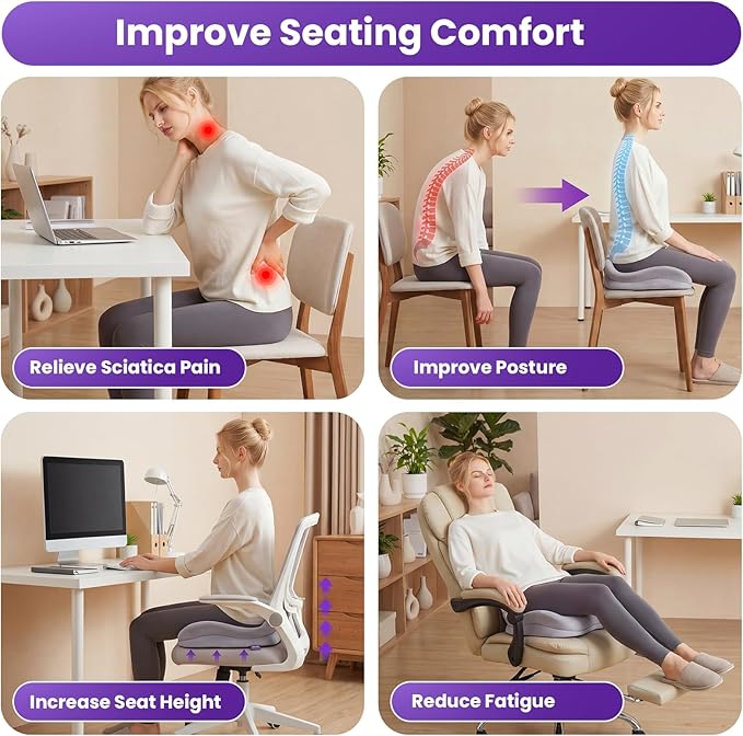 ZZ-WELL Seat Cushions for Office Chairs - Patented Extra Large Seat Cushion 21.2" W x 16.5" L - Memory Foam Seat Cushion for Tailbone Pain Relief, Sitting Pressure Relief (Light Grey)