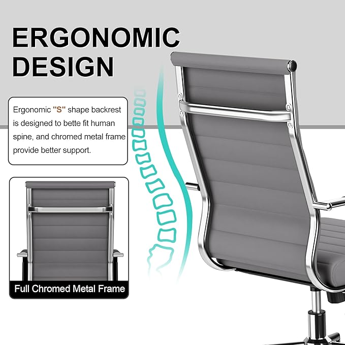 Okeysen Office Desk Chair, Ergonomic Leather Modern Conference Room Chairs, Executive Ribbed Height Adjustable Swivel Rolling Chair for Home Office