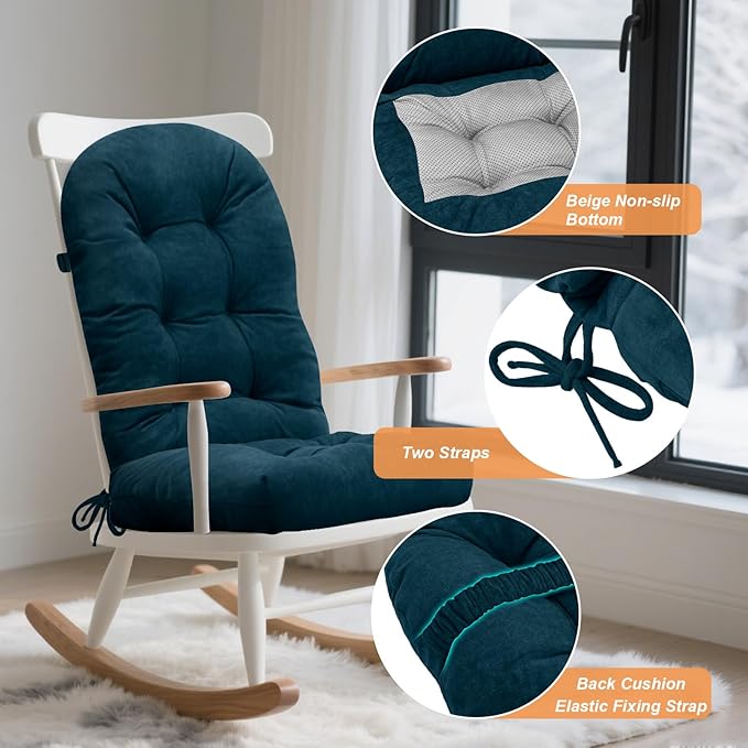 Rocking Chair Cushion - Velvet Fabric, High-Density Sponge, Durable Comfort Non-Slip Bottom Tufted Seat Pads with Ties, Velvet︱Dark Blue, 44x19x4 inch