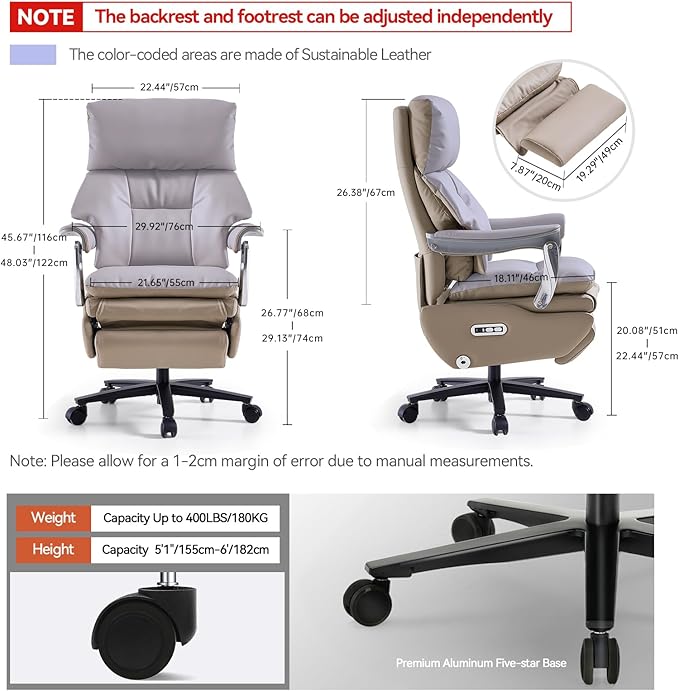 EMIAH Ergonomic Office Chair with Foot Rest Electric Executive Office Chair Reclining with Massage Big and Tall High Back Computer Chair with Wheels, Sustainable Leather（Light Khaki）