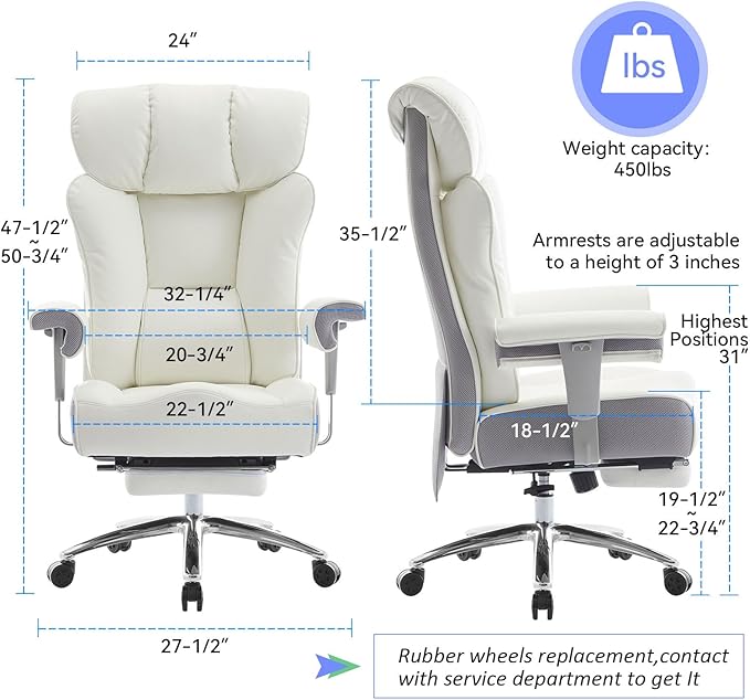 Efomao Big and Tall Office Chair 400lbs - Heavy Duty Executive Desk Chair with Foot Rest & 23" Wide Seat - High Back Ergonomic Leather Computer Chair for Heavy People, Home Office, White