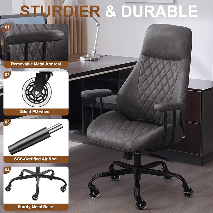 E-Motie Office Chair with Rubber Wheels, Ergonomic Computer Chair 500 lbs, Leather Desk Chair with Lumbar Support, Executive Chair Adjustable Height & Recline, Dark Grey