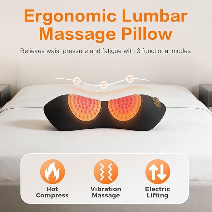 3-in-1 Electric Lumbar Support Pillow for Bed and Chair, Triple Fusion Back Massager with Heat, Vibration & Traction, Designed for Lower Back Comfort and Spine Support
