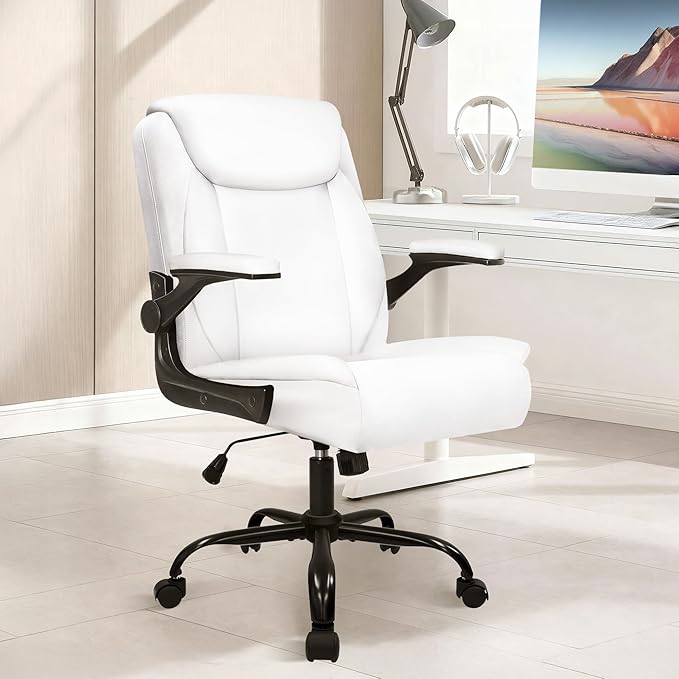 NEO CHAIR Desk Office Gaming Computer Chair Ergonomic Executive Mid-Back Leather with Adjustable Padded Flip-Up Armrests Cushion Wheels Swivel for Home Study Task (White)