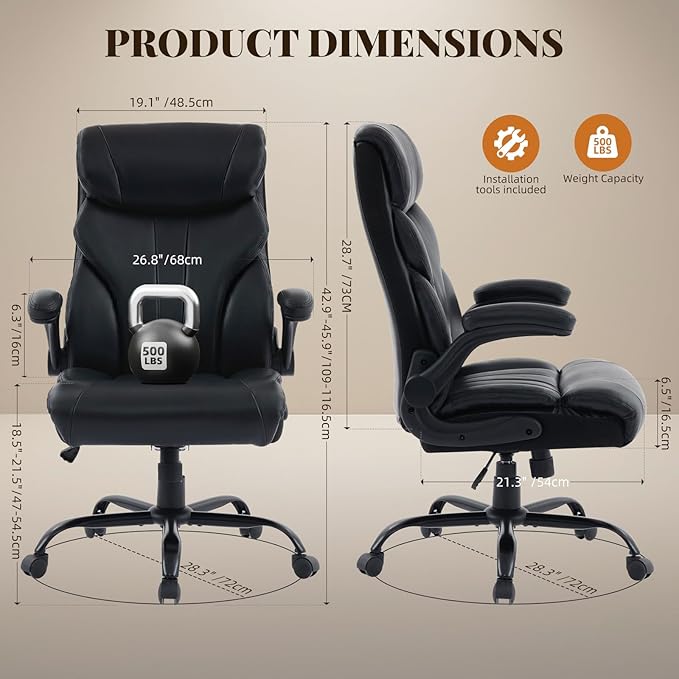 Garvee Comfortable Office Desk Chair 500 LBS, Big and Tall Office Chairs with Adjustable Flip-up Armrests,100-118°Recline Executive Leather Gaming Chair for Heavy People, Long Hours,Black
