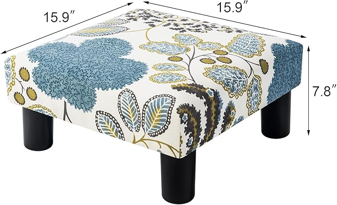 Joveco Small Foot Rest Stool Ottoman, Square Upholstered Fabric Footstool for Couch, Under Desk, Office, Living Room, Blue Floral