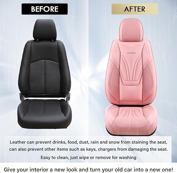 Coverado Car Seat Covers Front Seats, 2 Piece Car Seat Protector with Lumbar Support & Removable Headrest, Breathable Leather Seat Cushion Universal Fit for Truck Automotive Vehicles Pink