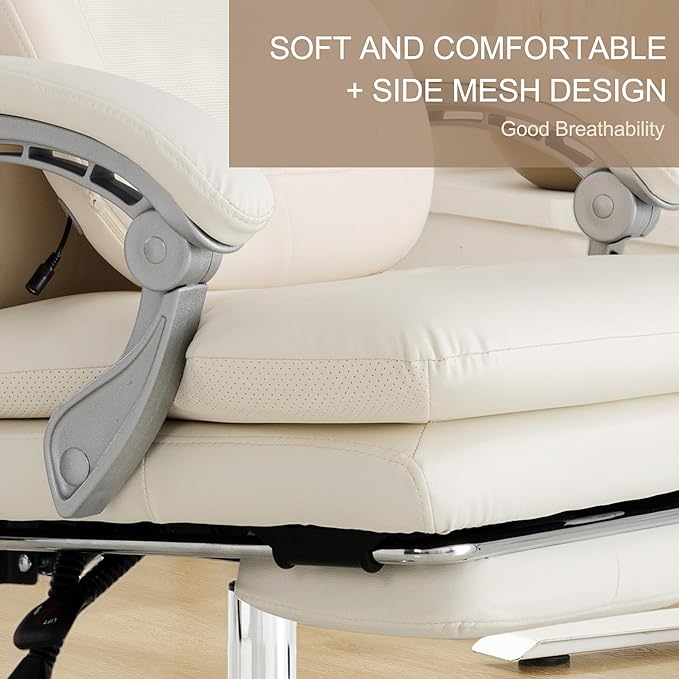 Kneading Massage Executive Office Chair with Heated,90-135° Reclining Chair with Footrest, Ergonomic Desk Chairs (Creamy White with External Massager)