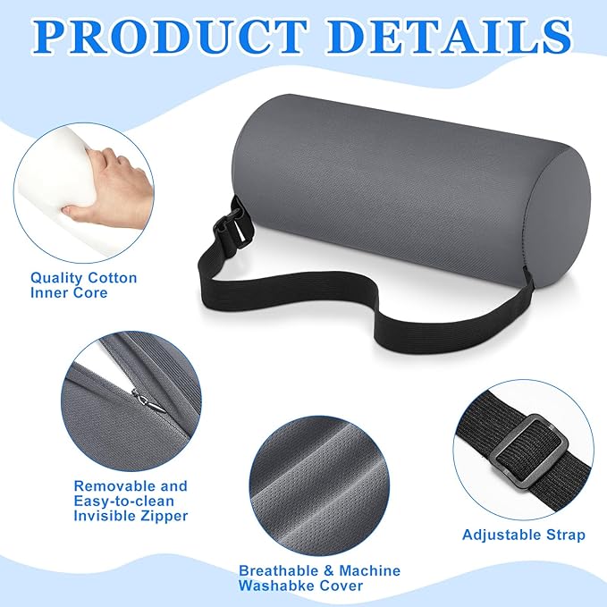 Wenqik 2 Pcs Lumbar Support Pillow Lumbar Roll Lower Pillow Office Seat Cushion with Adjustable Strap and Washable Cover for Travel Gaming Chair Car Seat Pain Relief(Grey)