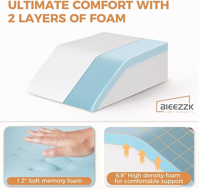 BIEEZZK Leg Pillow Elevation Blood Circulation, Leg Elevating Pillows for After Surgery, Sleeping, Memory Foam Wedge Pillow for Legs Swelling, Foot Knee Pillow for Back Pain, 23.6×16.8×8in, White/Grey