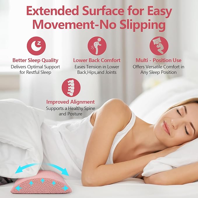 Cozyhealth - 3.15" H*23.6" L - Soft Lumbar Pillow for Sleeping, Memory Foam Back Lumbar Support Cushion for Lower Back Pain Relief Bed Waist Sleep Support Pillow for Side, Back Sleepers (Pink, Large)