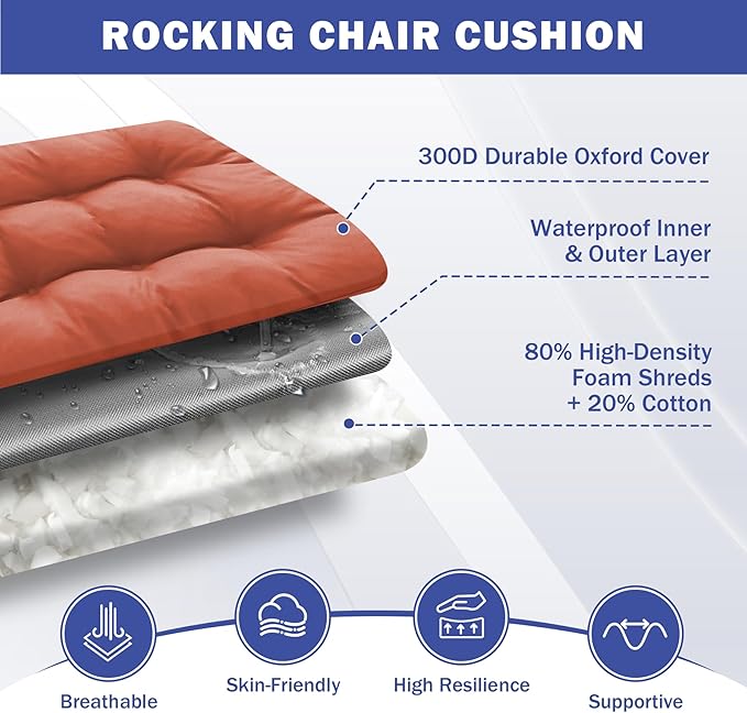 IPYNBAP Rocking Chair Cushion, Waterproof and Fade-Resistant Patio Chair Cushions, Tufted Chair Pads for Rocker Furniture, 17x17 Inch, Indoor/Outdoor Seat Cushions with Ties, Spice
